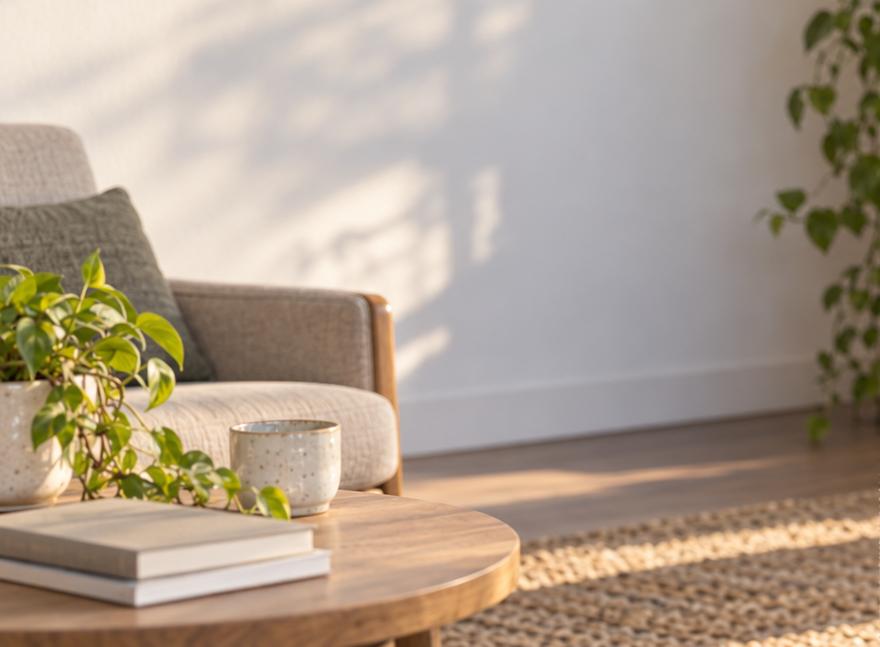 Rincón de la consulta: sillón textil, mesa auxiliar baja de madera y una planta con luz de tarde.