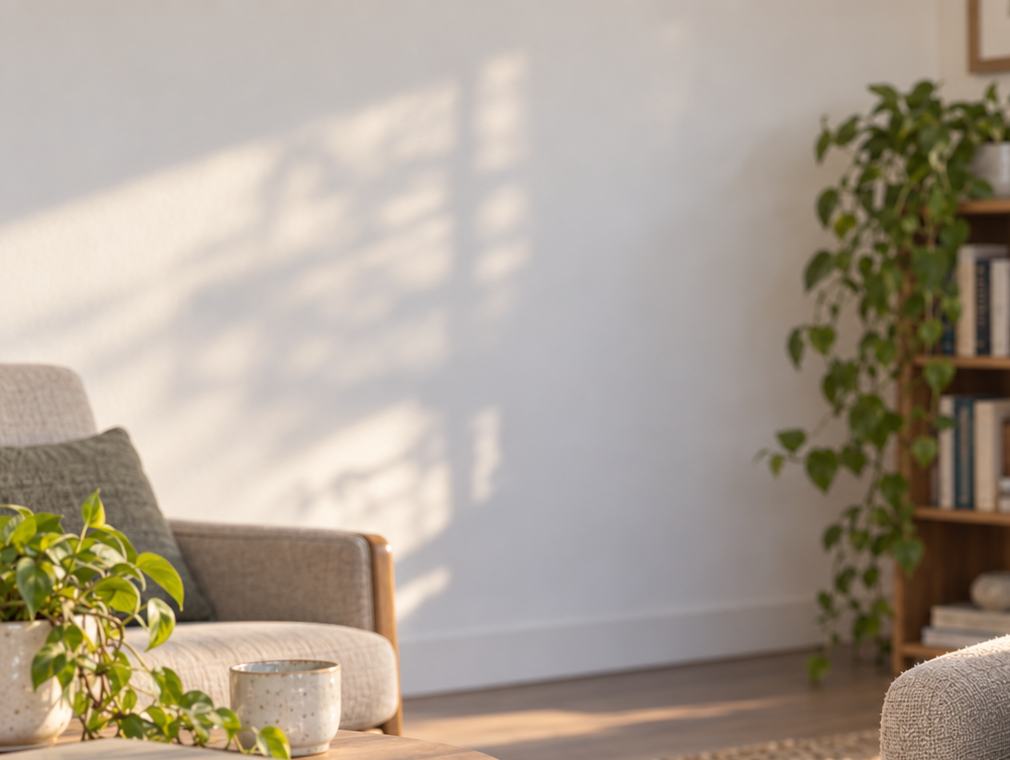 La consulta de Camila: pared iluminada por la luz de la ventana, un sillón y una planta.